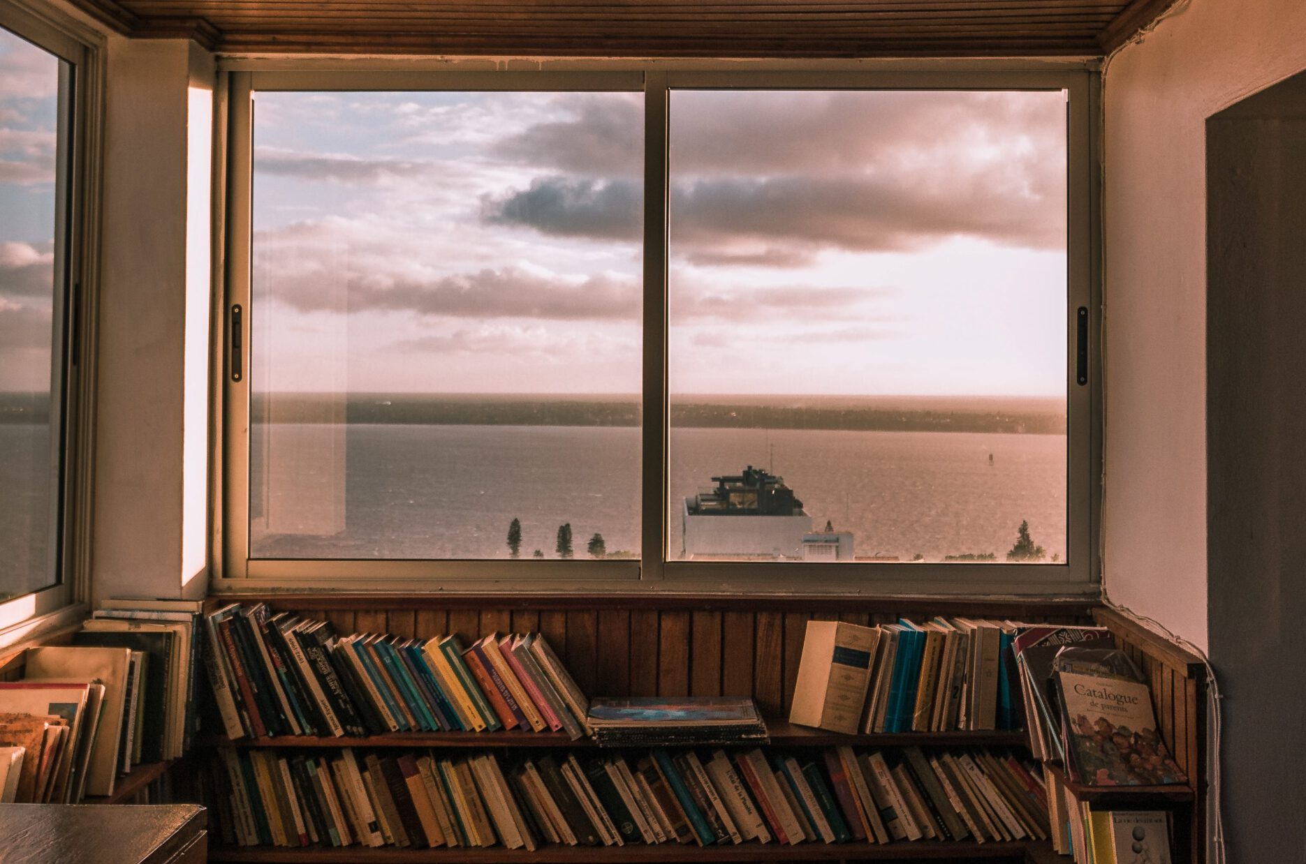 Foto von Blick aufs Meer über Bücherregal hinweg